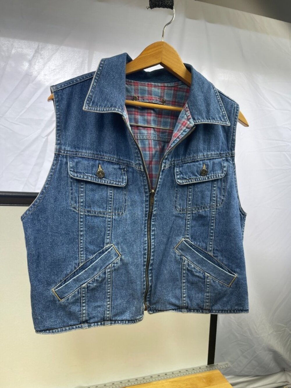 Vintage Denim Zip Front Vest Plaid Lined Sleeveless Jacket Blue Size